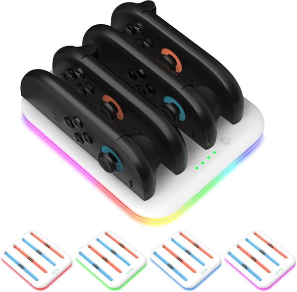 4-i-1-lader for Switch 2 Joy Con-ladestasjon med LED-indikator, hvit