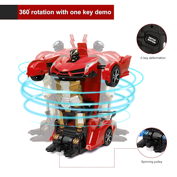 Fjernstyrt bil som forvandles til robot - RC-biler for barn 2.4Ghz 1:18 roterende stuntbil - rød