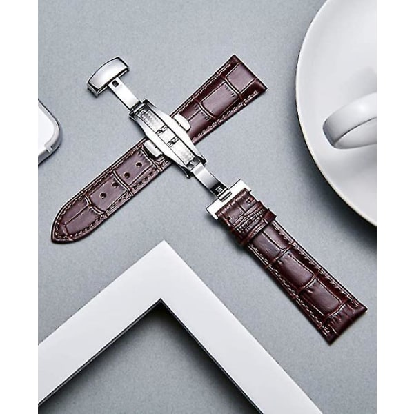 Watch Ersättningskrokodilleband för män kvinnor med spänne för utbyggnad av silverfjäril Dark brown 23mm