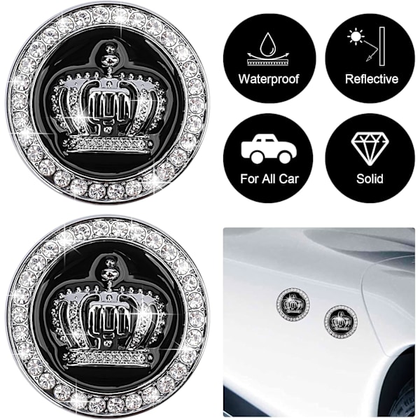 2 st 3D Krona Bildekaler för Bil, Strass Dekorationer i Metall