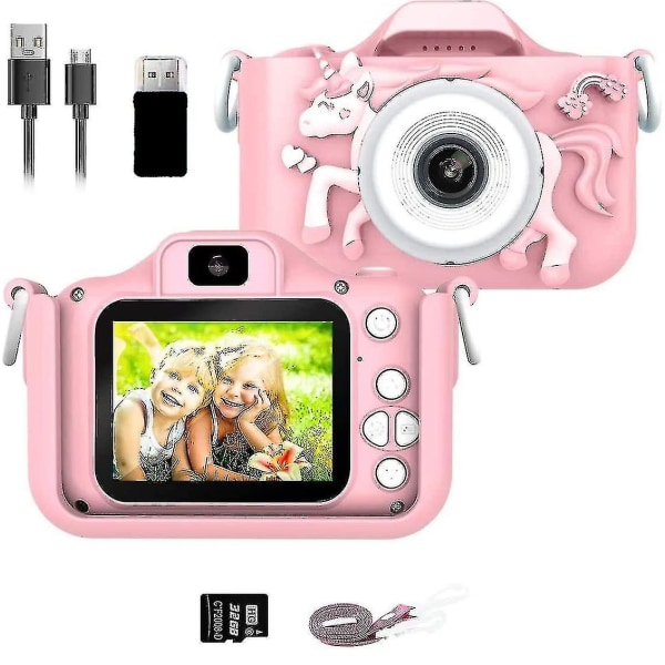 Barnkamera, digitalkamera för barn 20 Mp foto & 1080p HD-video/dubbel lins/selfiekamera/ 8x zoom/automatisk power /32gb Tf-kort medföljer, rosa
