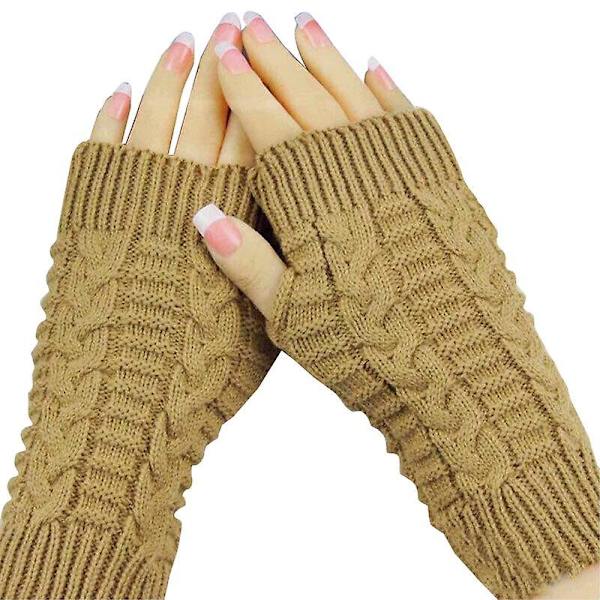Mænd Kvinder Strikkede Fingerløse Handsker Mode Unisex Blød Vinter Varme Uld Vante Light Brown