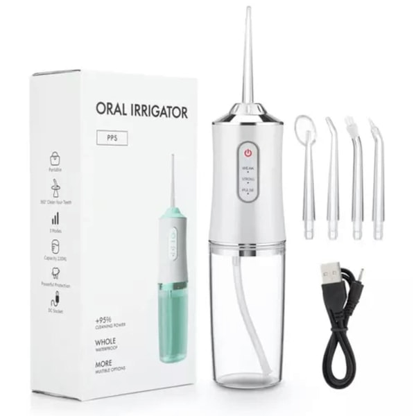 Oral Irrigator Bärbar Tandtråd Vattenstråle 3 Lägen USB Laddningsbar 4 Jet Vit