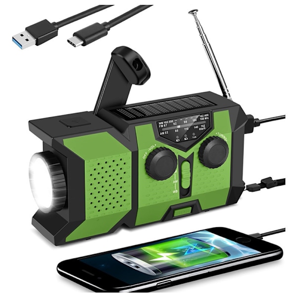 Håndsving Solar Radio 2000Mah Multifunktionel Solcelledrevet Am/Fm/Noaa Vejrradio Med Led Lommelygte/Grøn