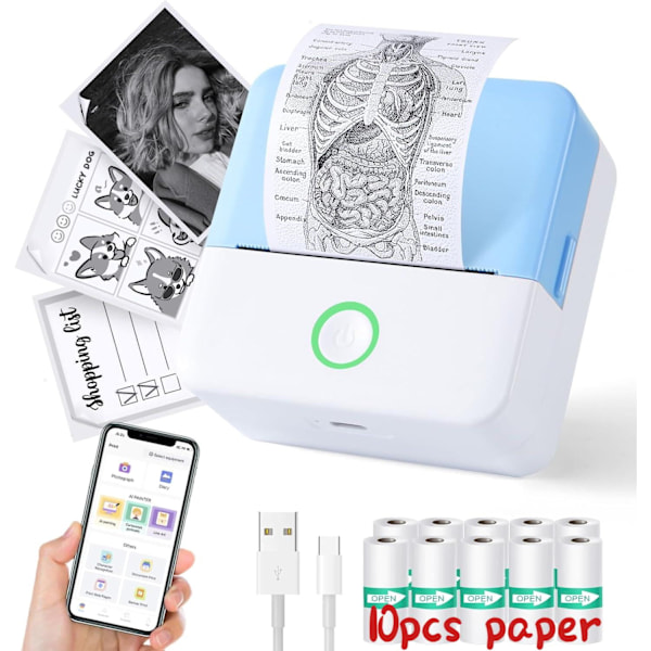 Mini Termisk Printer, Trådløs Etiketprinter med Bånd, Kompatibel med iOS og Android Blåt