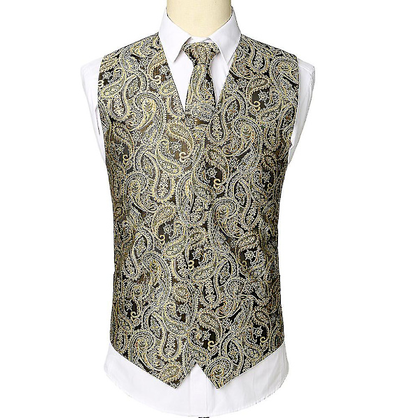 Herr 3st Paisley Vest Slips Ficka fyrkantig Set för kostym smoking Gold M