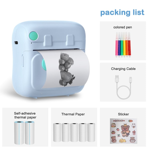 Bærbar fotoprinter med 7 ruller trykkpapir, mini blekkfri skriver for iOS og Android