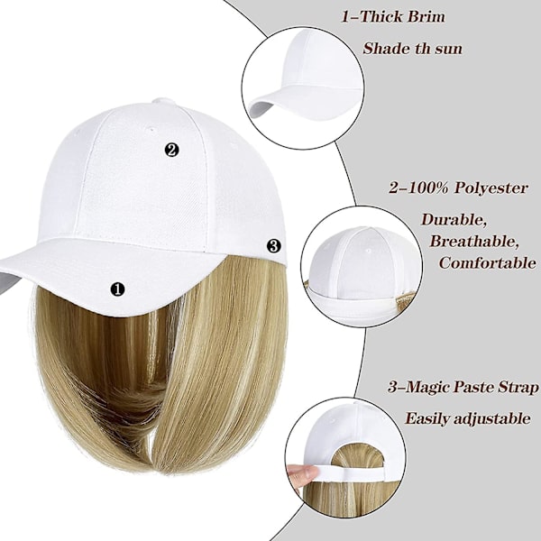 Baseballhatt med hår 14 tum Rak Kort Bob Frisyr Justerbar Peruk Cap Fäst Frisyr För Kvinna Flicka Ash Blond Mix Bleach Blond