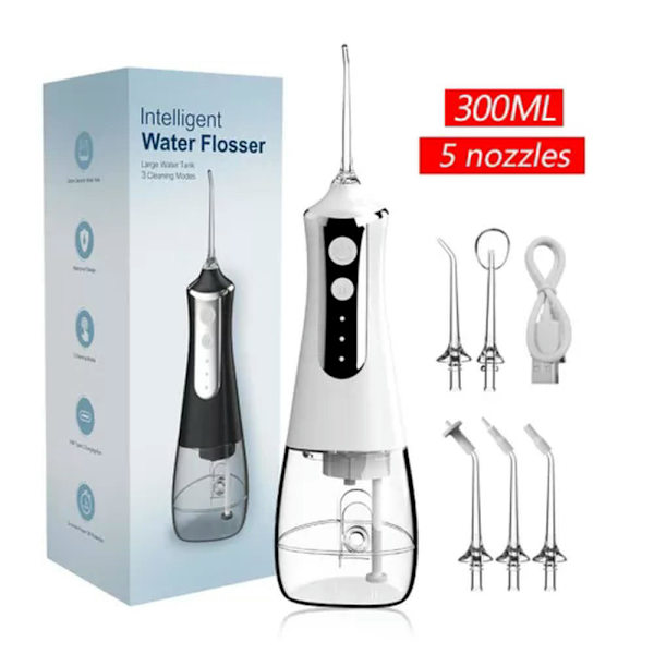 Oral irrigator 5 munstycken 3 lägen USB 300 ml vit tank