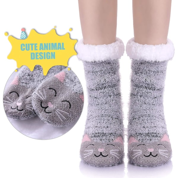 Halkfria Toffelsockor för Kvinnor Mjuka Luddiga Bekväma Grepp Vinter Varma Djur grey
