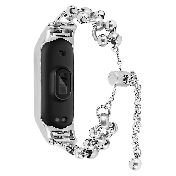 For Xiaomi Mi 7 Bead Decor Smartwatch Strap Hollow Out Watch Strap Metal Bracelet Strap Silver