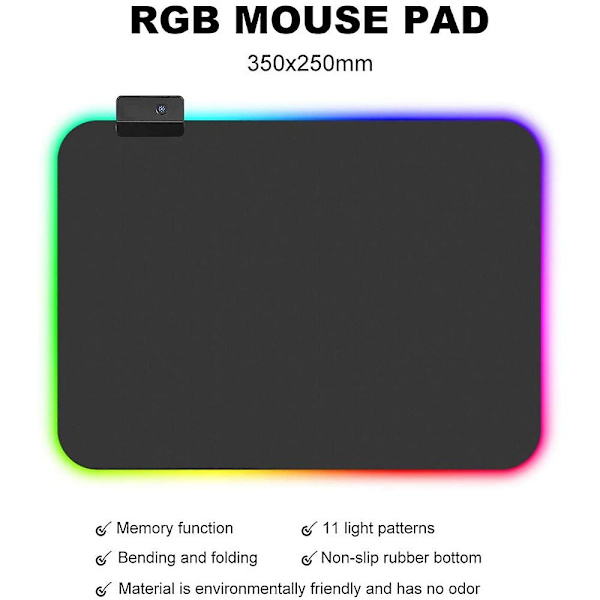 1 stk. Rgb Gaming Musemåtte, 8 Lystilstande, Skridsikker Gummibase
