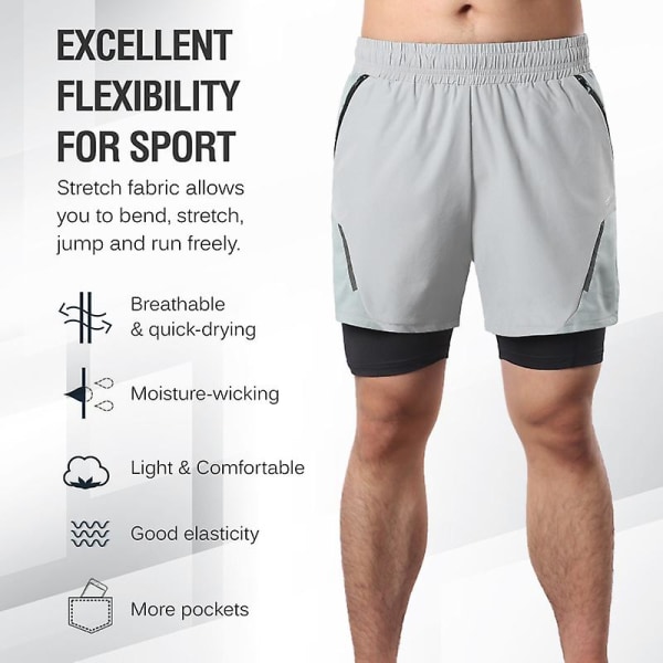 2-i-1 löparshorts för män med dragkedjefickor Snabbtorkande träningsshorts för träning gym träning Black L