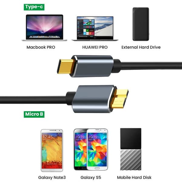 Type C - Micro-B -mobiilikiintolevyn kaapeli, USB 3.1 - USB 3.0 -datakaapeli, tiedonsiirtonopeus 5 Gbps (1 m)