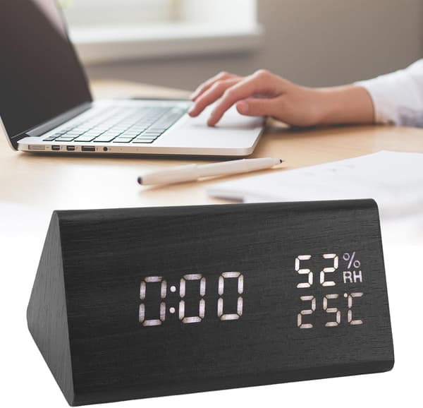 Väckarklocka Trä LED Tidsvisning Trä Digital LED-Display Temperatur Luftfuktighet