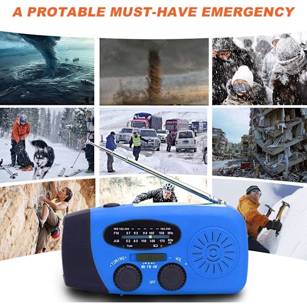 Nødradio med solcelle og håndsveiv, LED-lommelykt med 2000mAh mobil strømforsyning Blå