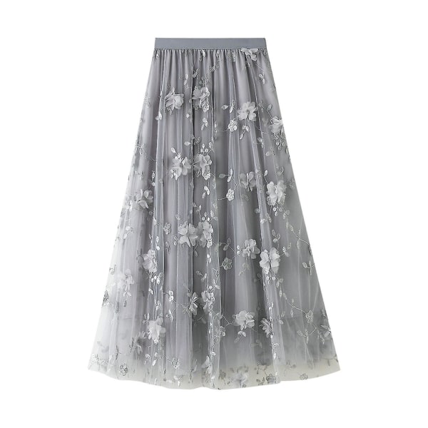 Lång Tutu-kjol i tyll för kvinnor 3d-blombroderi Enfärgad midi- mesh med hög midja Gray
