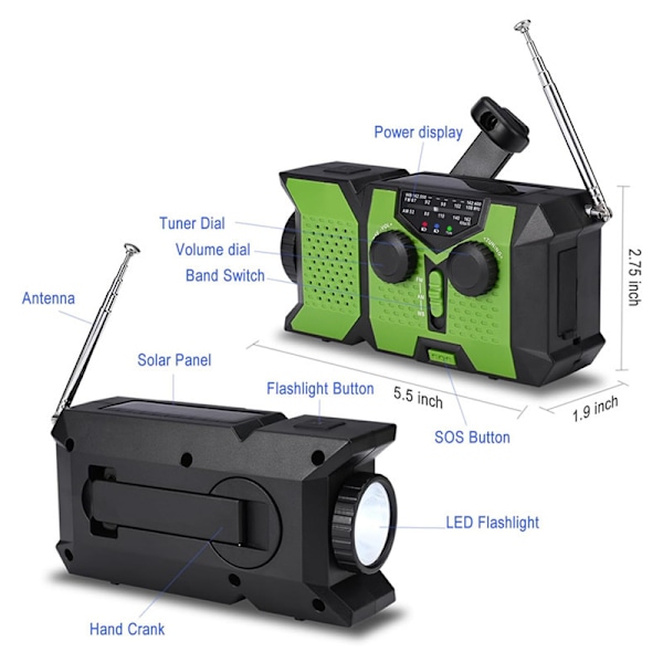 Håndsving Solar Radio 2000Mah Multifunktionel Solcelledrevet Am/Fm/Noaa Vejrradio Med Led Lommelygte/Grøn