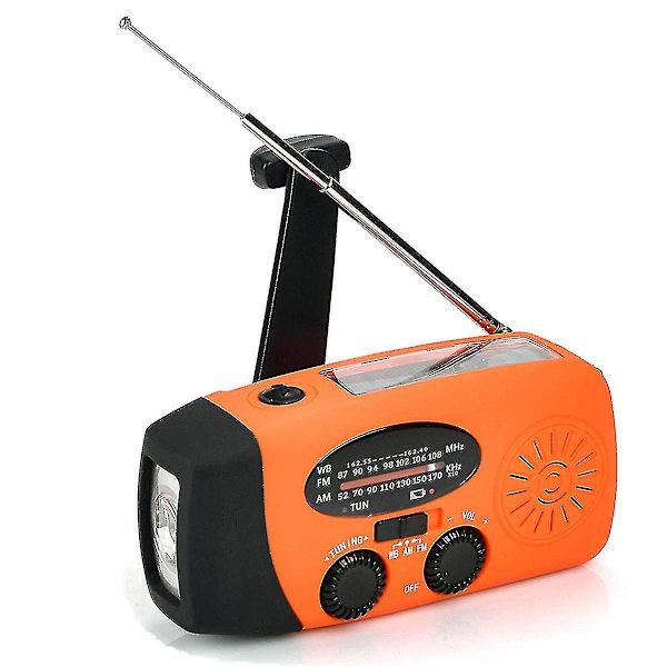 Vevradio med solceller, ficklampa och 2000 mah Powerbank Sos Orange
