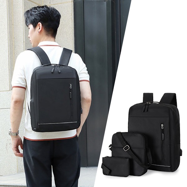 Vattentät Resebackpack för Laptop med Axelväska och Myntplånbok, Collegeväska Tre-delad Set Svart