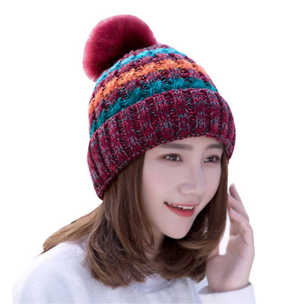 Dam vinter varm stickad mössa halsduk Pom Bobble hattar mössa Gray