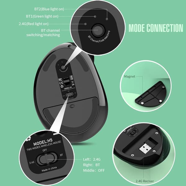 Trådløs Vertikal Mus, 2.4G/Bluetooth Dual Mode Ergonomisk Vertikal Mus (sort)