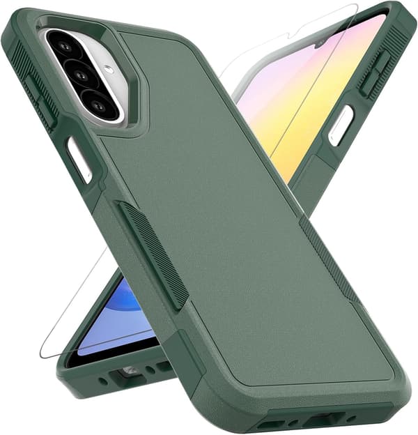 Kotelo Samsung Galaxy A17:lle karkaistulla lasisella näytönsuojalla, tummanvihreä