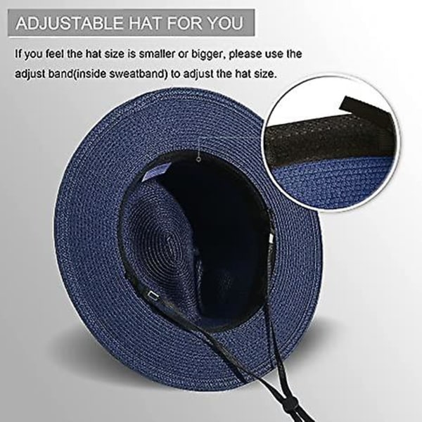 Kvinder Bred Skygge Halm Panama Roll Up Hat Bæltespænde Fedora Beach Sun Hat Upf50+ Blue