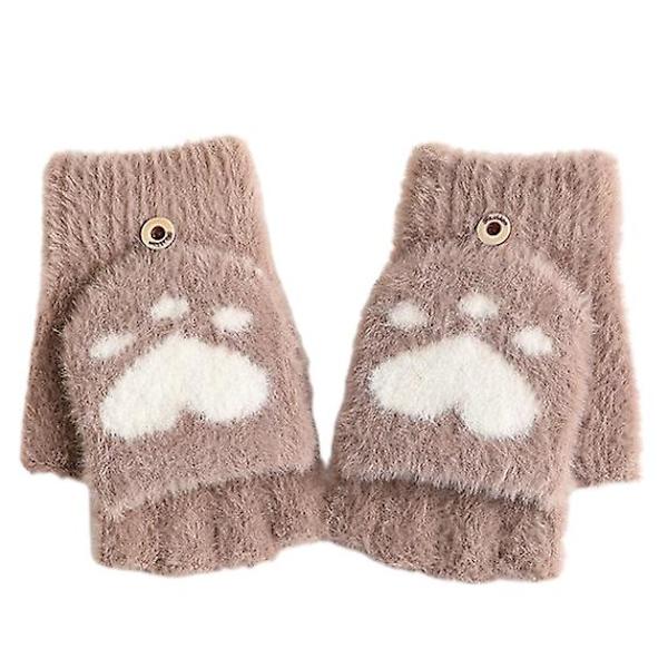 Kvinners vintervarme berøringsskjermhansker Cute Cat Claw Sensory Finger Less Mitten Khaki