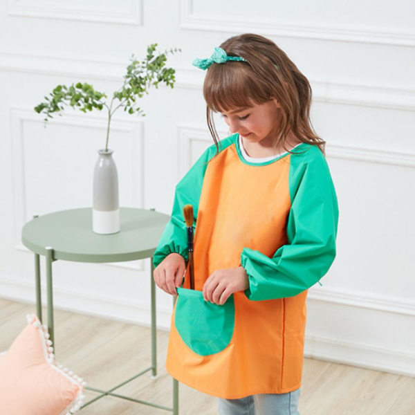 Unisex drenge piger vandtæt kunst kittel børn male forklæder med lommer lange ærmer og ærmeløs alder 6-9 år Orange