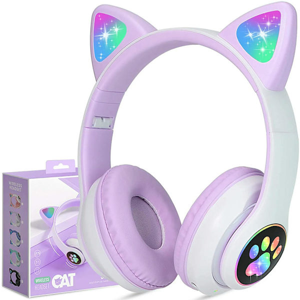 Bluetooth-hodetelefoner, True Wireless-hodetelefoner med LED-lys, trådløse hodetelefoner for barn med mikrofon, lilla
