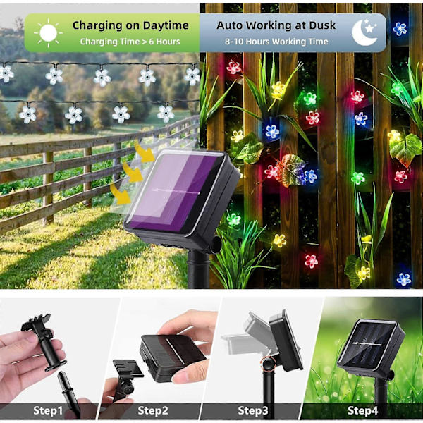 7M 50 LED Sakura Solar Cell Light String Garden Fairy Light 8 Flash Modes 12M