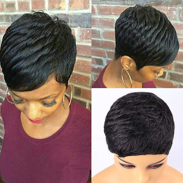 Kort människohår Pixie Peruker Pixie Cut Korta svarta vågiga peruker Layered Kort människohår Peruker för svarta kvinnor (pixie Cut Peruker, 1b#)