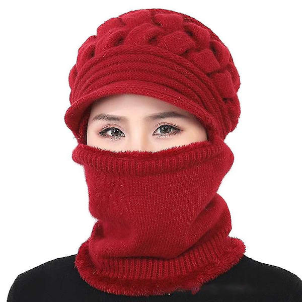 Dame Beanie Hat Vinter Hatte Halstørklæde Maske Midaldrende Gamle Varm Øreværn Cap Mom Gift Red