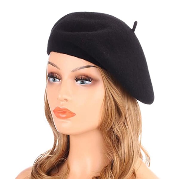 Ull beret lue, ensfarge fransk stil vinter varm lue for kvinner retro høst og vinter ull maler lue dame beret All-match Black