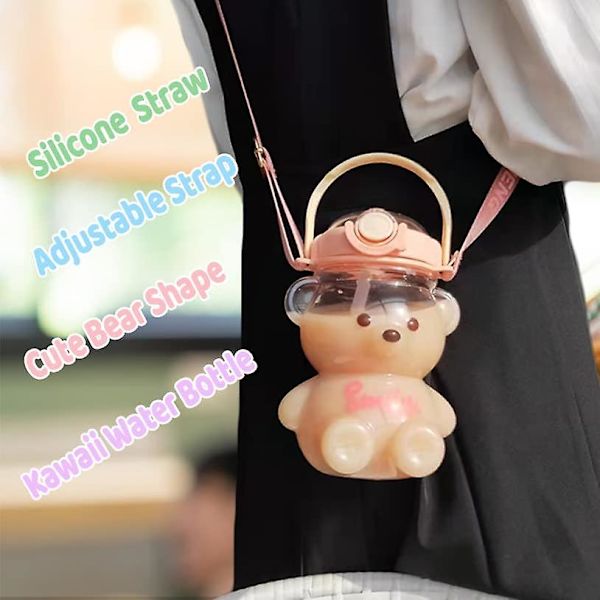 Björnvattenflaska med sugrör, Kawaii läckagesäker vattenkanna med justerbar axelrem för campingresor Pink 1000ml