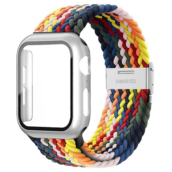 Punottu solosilmukka Apple Watch rannekkeelle 44mm 40mm 45mm 41mm 42mm 38mm case+ hihna Nylon joustava rannekoru Iwatch Serie 3 5 6 Se 7 8 rainbow black 44mm series 654 se