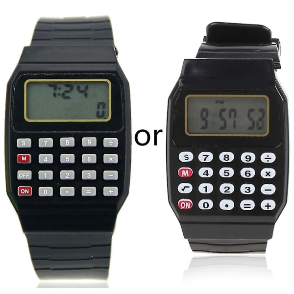 Fad Børn Silikone Date Multi-purpose Børne Elektronisk Lommeregner Armbåndsur Black