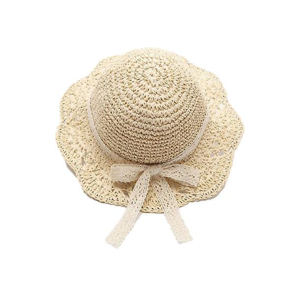 Børns stråhatte Baby piger åndbar blonder Cap bue Strand Solhat Bred skygge Børn Prinsesse rejse solskærm Hat Beige