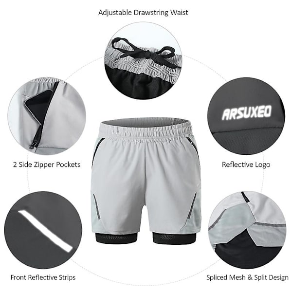 2-i-1 löparshorts för män med dragkedjefickor Snabbtorkande träningsshorts för träning gym träning BlackandGreen S