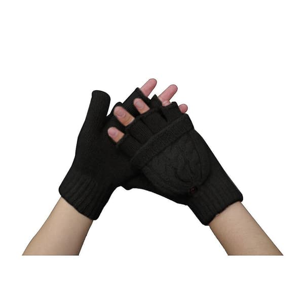 Kvinner Varme Hansker Høst Vinter Knitting Hemp Flower Flip Fingerless Mitten Black