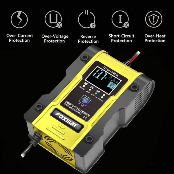 Litiumbatterilader, 12v/24v 6amp helautomatisk intelligent bilbatterilader (litiumbatterier, blysyrebatterier, kalsium, etc)/vedlikehold yellow