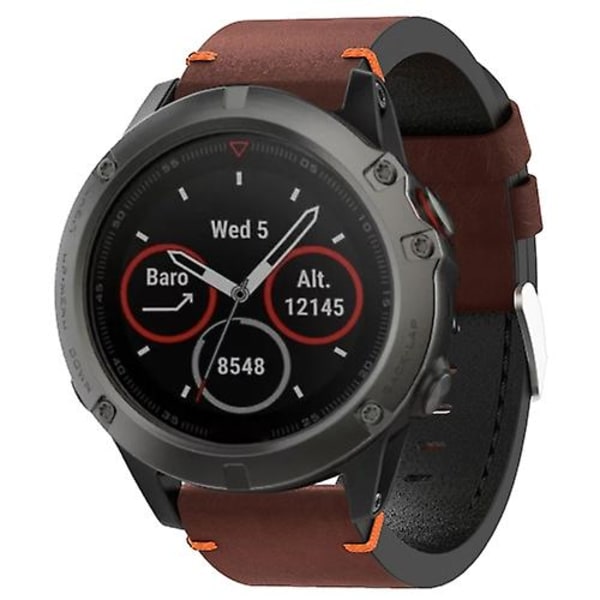 Til Garmin Fenix ​​5x Sapphire 26mm Læder Sutur Stål Spænde Urbånd Coffee