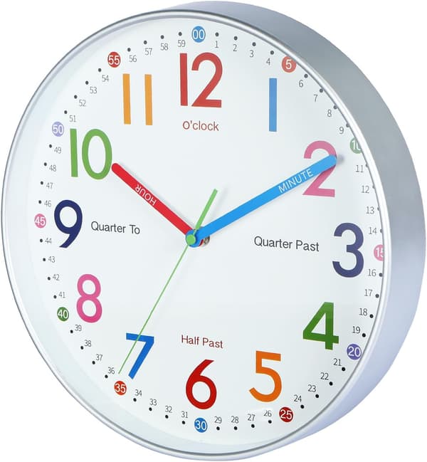 Väckarklocka 12 tum Pedagogisk Klocka Barn Analog Färgglad Sovrum Väggklocka Silver