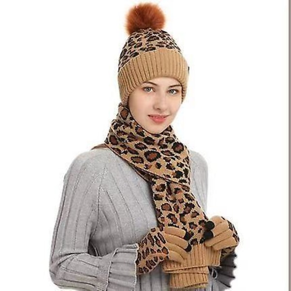 Talven lämmin neulottu pipohattu set kosketusnäyttökäsineet naisille Khaki