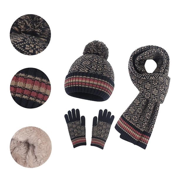 Snefnug Print Beanie Hat Halstørklær Touch Screen Handsker Sæt med Pom til Kvinder Red