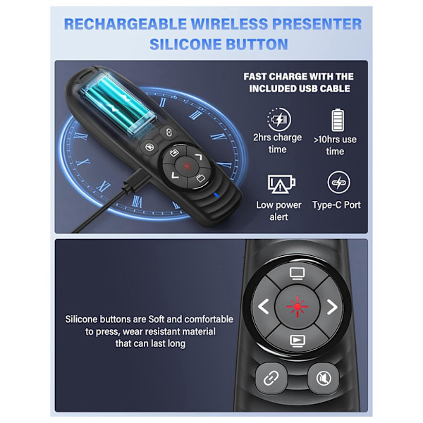 Presentasjonsklikker 2-i-1 USB/Type C oppladbar