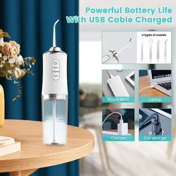 Oral Irrigator Vann Flosser USB 4 Jet Tip 220Ml 3 Moduser Hvit