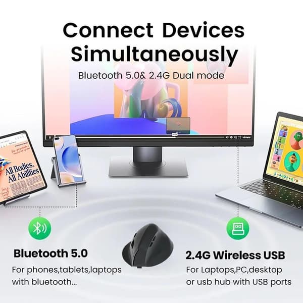 Bluetooth/2.4G Dual Mode ergonomisk vertikal mus Genopladelig til kontor, gaming sort