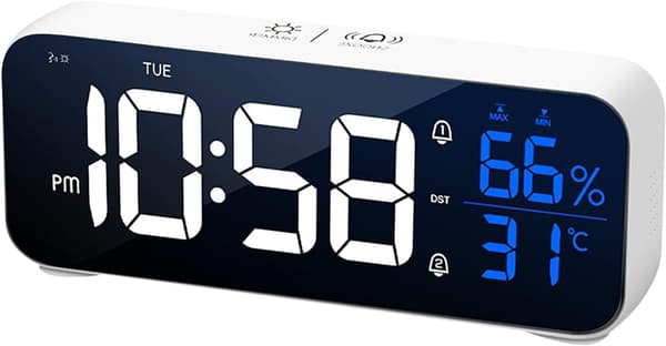 Väckarklocka med LED-klocka, digital display av temperatur och luftfuktighet